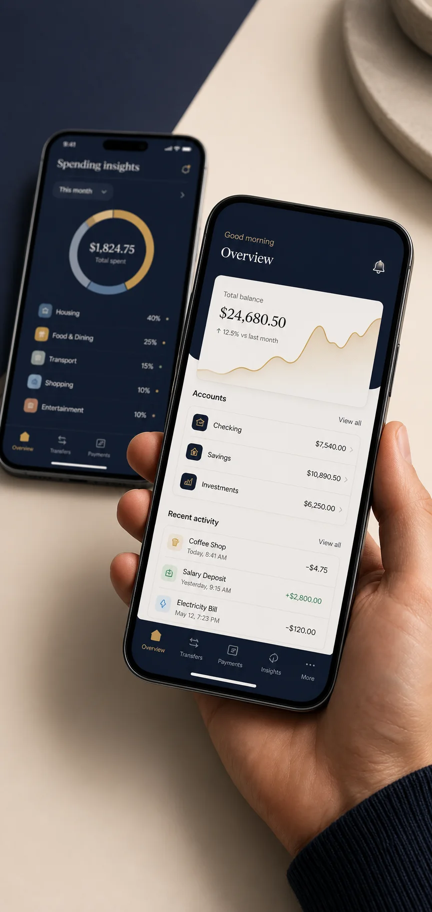 Mobile banking application displayed across two smartphones